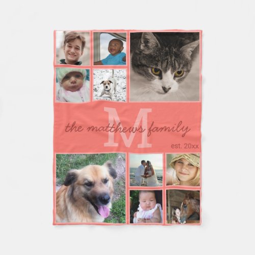 Memories Coral Monogram 10 Photo Collage Fleece Blanket