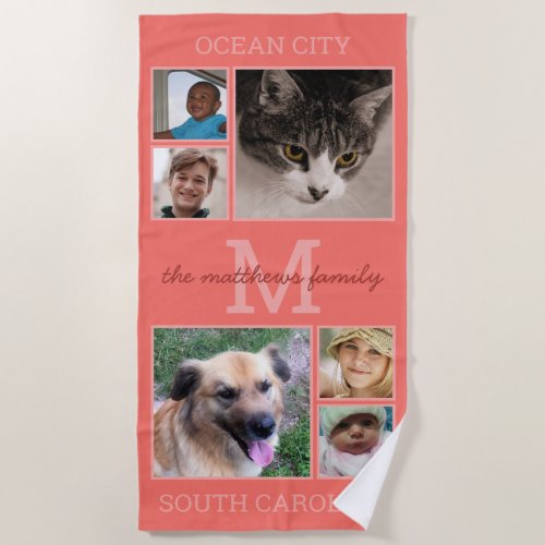 Memories Coral Monogram 6 Photo Collage Beach Towel