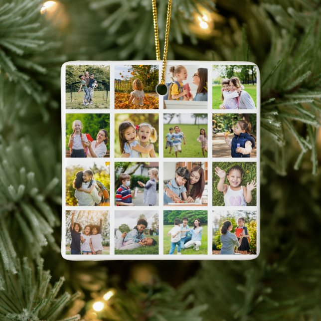 Memories in Motion: Customizable 16 Photo Collage Ceramic Ornament (Tree)