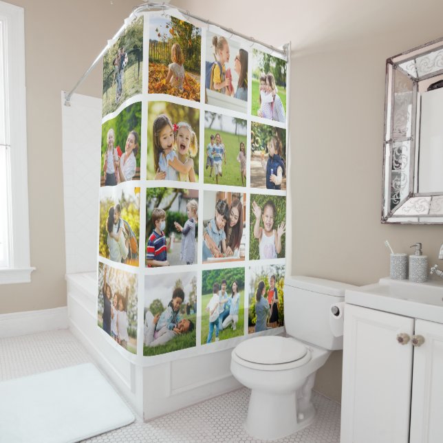 Memories in Motion: Customizable 16 Photo Collage Shower Curtain (In Situ)