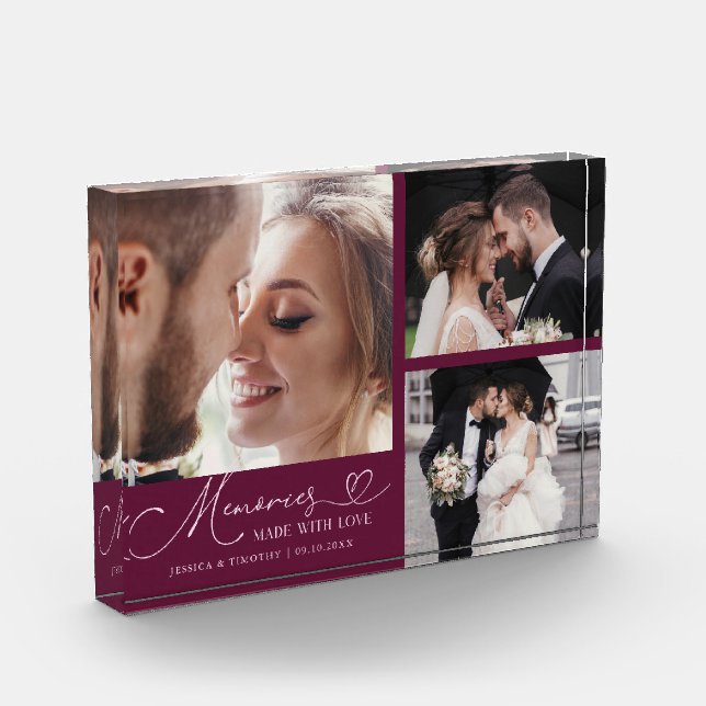 Memories Made with Love Cranberry Wedding Photo Block (Left)