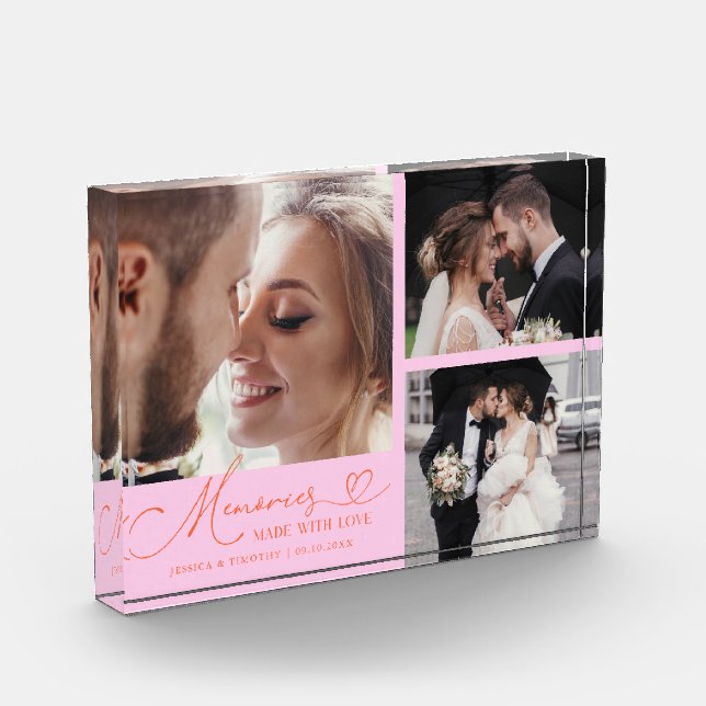 Memories Made with Love Orange Pink Wedding Photo Block (Left)