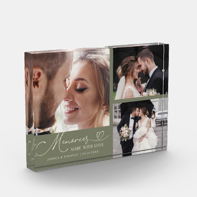Memories Made with Love Sage Green Wedding Photo Block (Left)