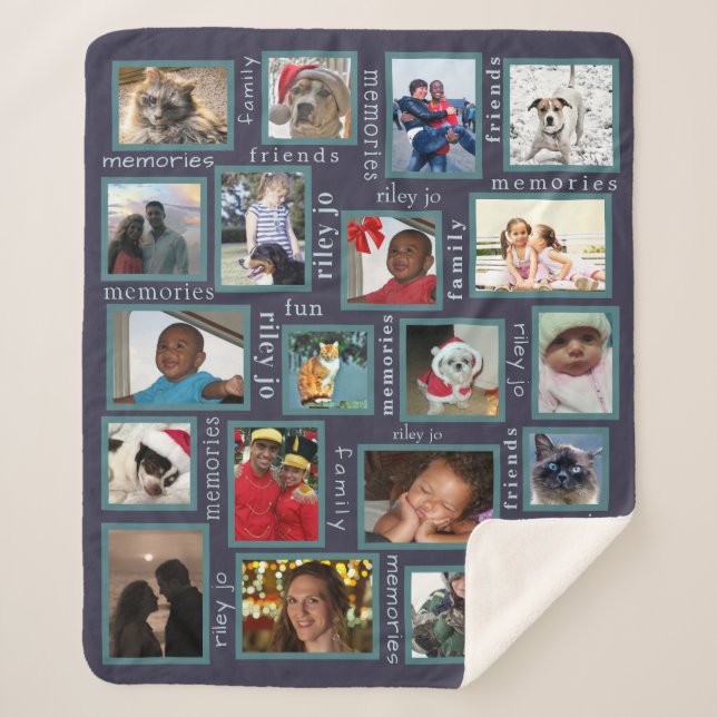 Memories Navy Blue 20 Photo Collage Personalized Sherpa Blanket (Front)