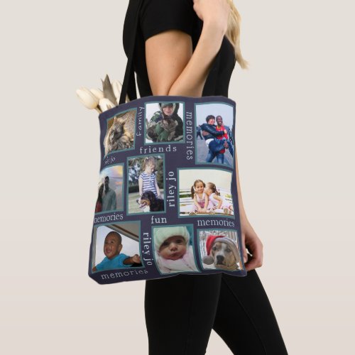 Memories Navy Modern Trendy 18 Photo Collage Tote Bag