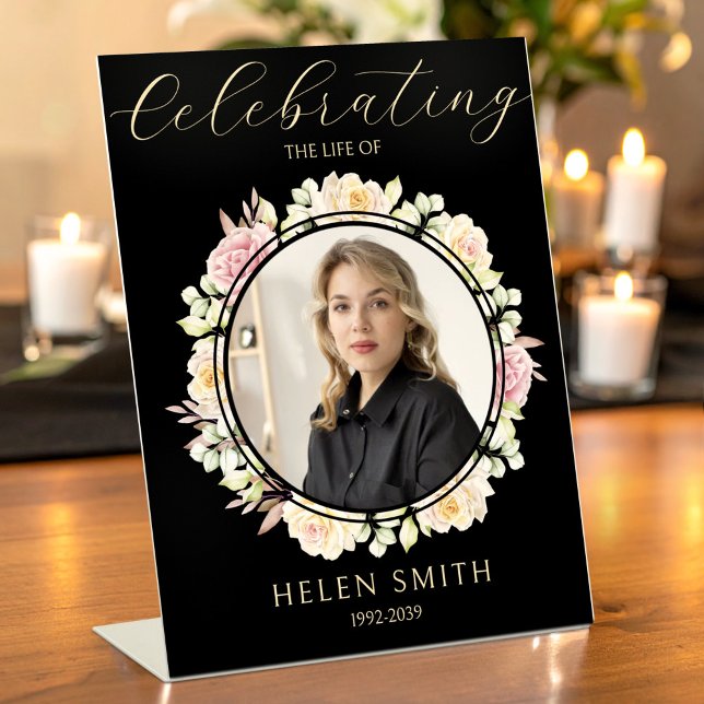 Memory Funeral Photo Floral Wreath Black Pedestal Sign (Creator Uploaded)