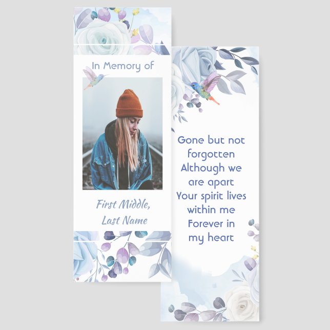 Memory Keepsake Hummingbird Blue Roses  Bookmarks (Front & Back)