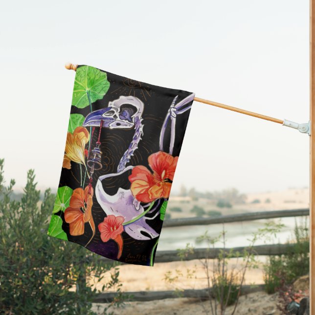 Memory Maps Autumn Vibes Raven skeleton  House Flag (Insitu (Back))