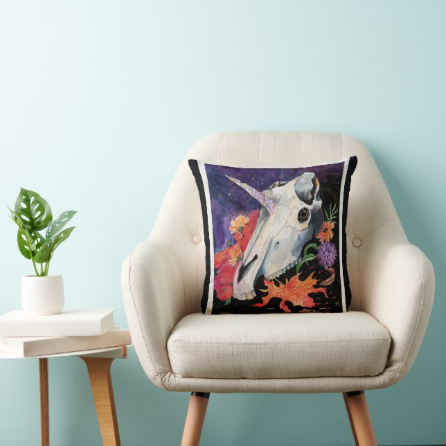 Memory Maps Autumn Vibes Unicorn Skull Poster Tote Throw Pillow (Chair)