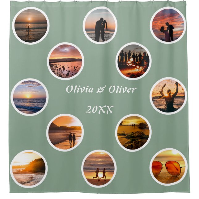 Memory Photo Collage Polka Dot Monogrammed Shower Curtain (Front)