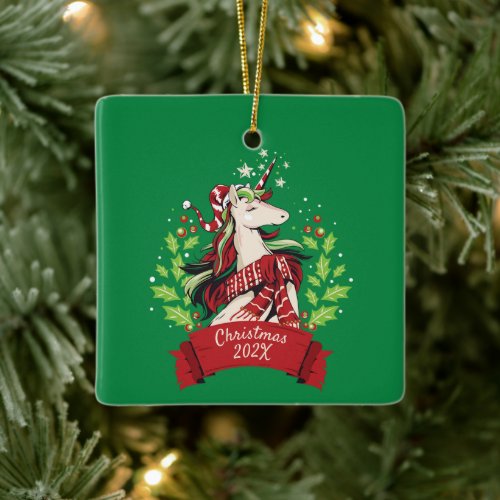 Memory Year Highlights Magical Christmas Unicorn Ceramic Ornament
