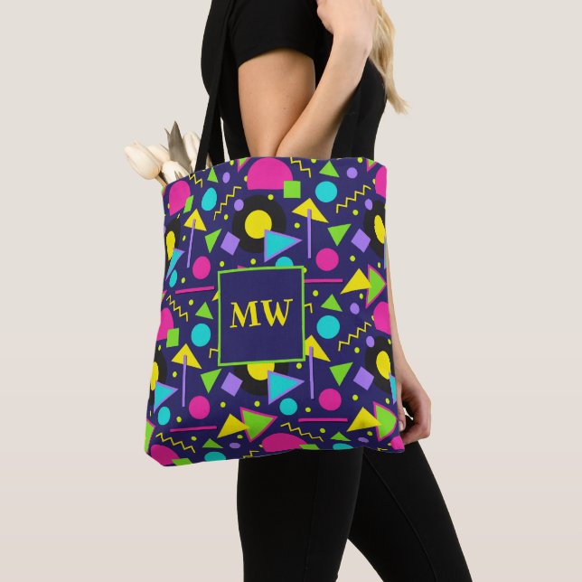 Memphis Blue Geometric Shapes 80s Monogram Tote Bag (Close Up)