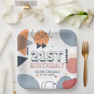 Memphis Geometric Shapes 21st Birthday Paper Plates
