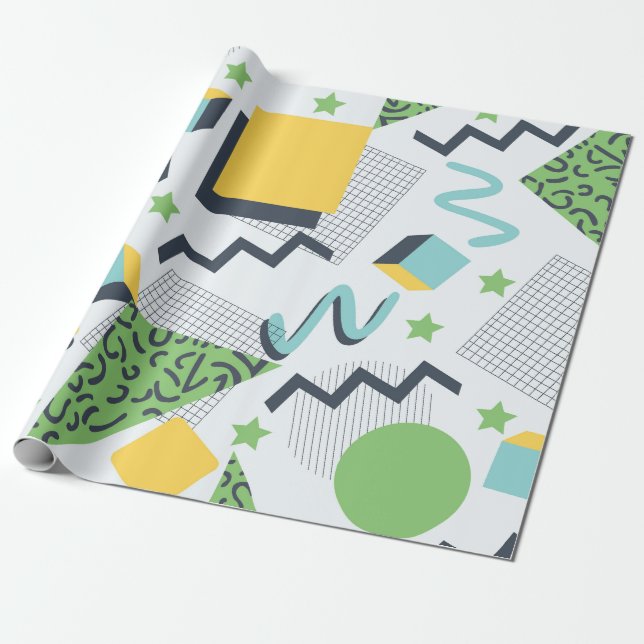 Memphis-Inspired Green and Yellow Geometric  Wrapping Paper (Unrolled)