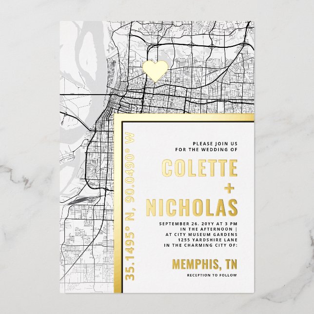 Memphis Love Locator | City Themed Wedding Foil Invitation (Front)