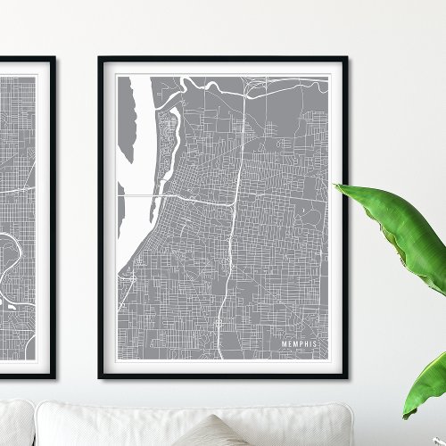 Memphis Map Modern Pewter Silver City Map Poster