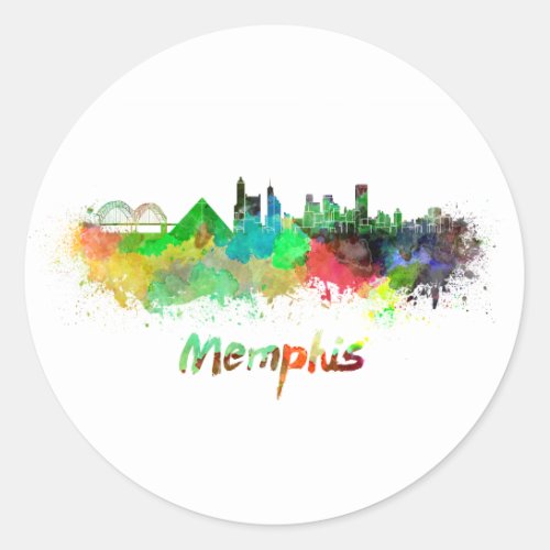 Memphis skyline in watercolor classic round sticker