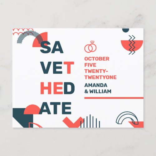 Memphis Style Abstract Blue  Red Wedding Save The Announcement Postcard