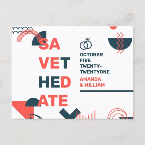 Memphis Style Abstract Red  Blue Wedding Save The Announcement Postcard