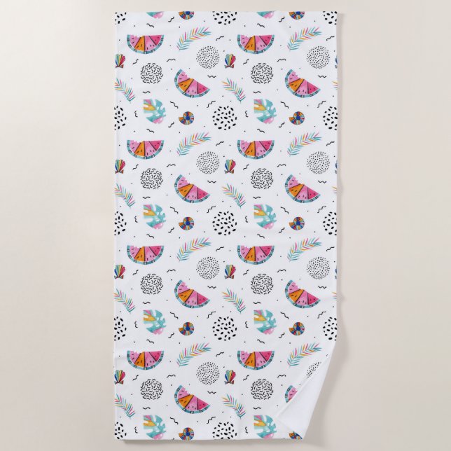 Memphis Style Tropical Summer Pattern Beach Towel (Front)