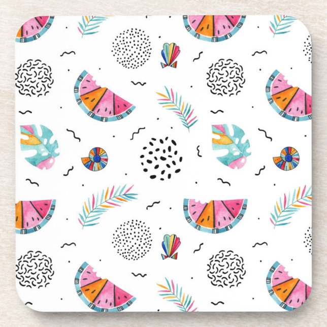 Memphis Style Tropical Summer Pattern Beverage Coaster (Front)