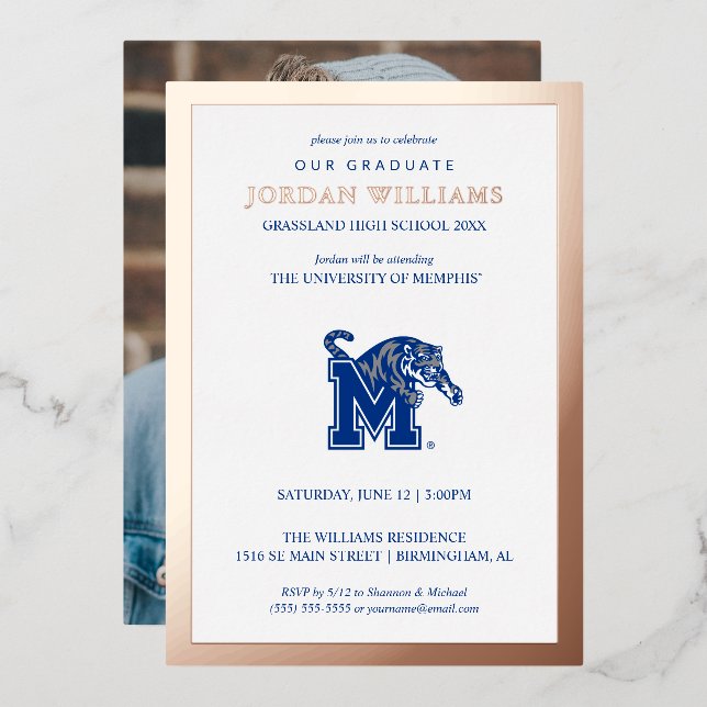 Memphis Tigers Mascot with Block M Logo Foil Invitation (Front/Back)