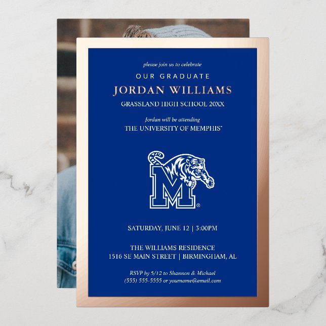 Memphis Tigers Mascot with Block M Logo Foil Invitation (Front/Back)