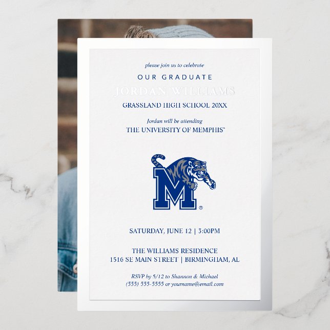Memphis Tigers Mascot with Block M Logo Foil Invitation (Front/Back)