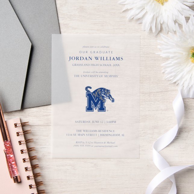 Memphis Tigers Mascot with Block M Logo Vellum Invitations (Wedding)