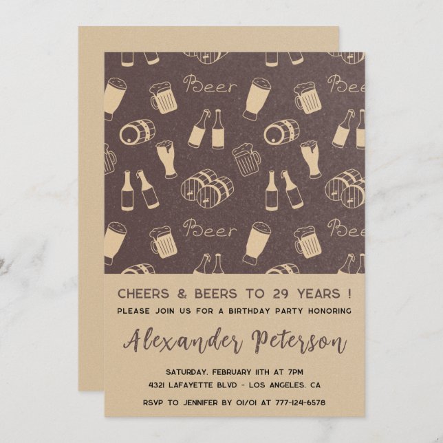 Men 29th birthday invitations Beer Rustic (Front/Back)