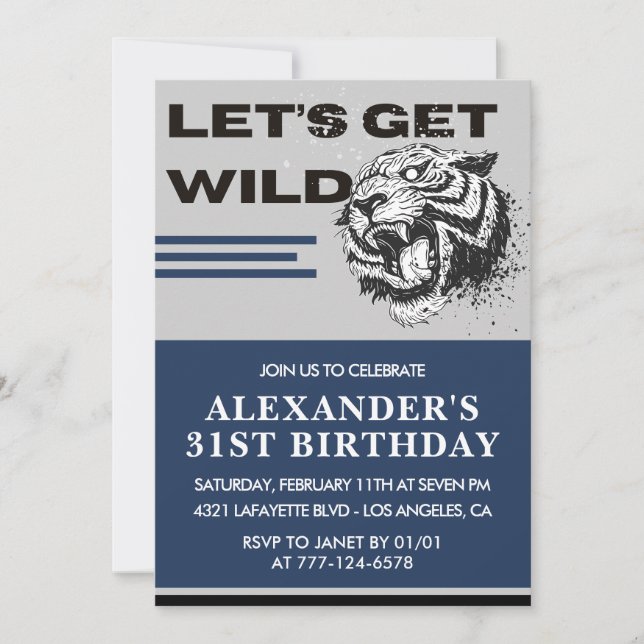 Men 31st birthday invitations Tiger Let's Get Wild (Front)