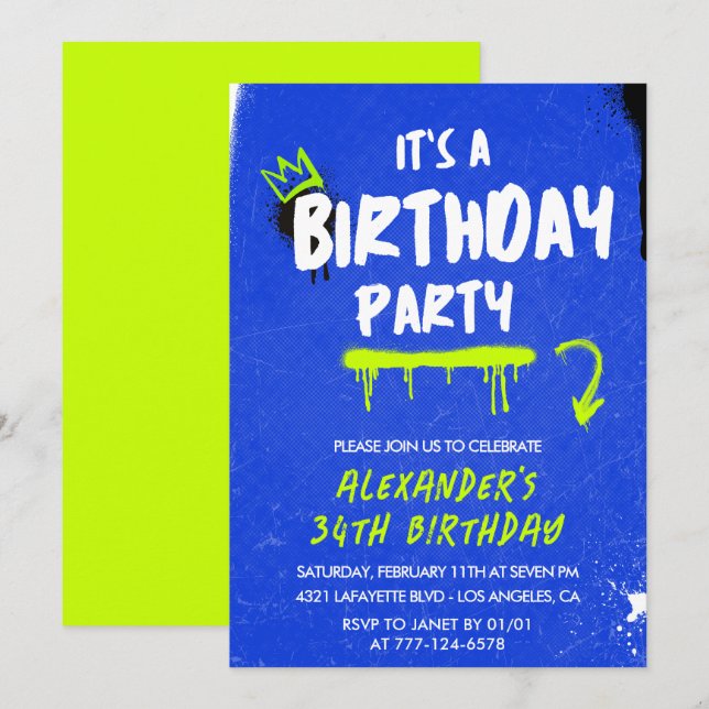 Men 34th birthday invitations Graffiti Spray paint (Front/Back)