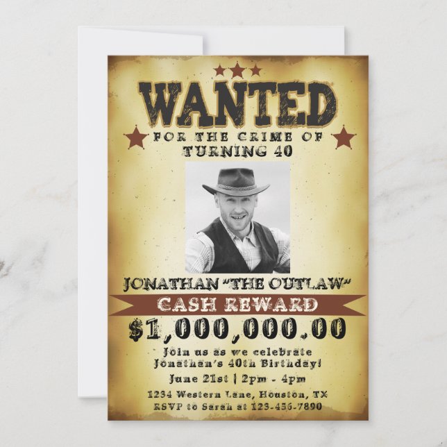  Men 40th Birthday Cowboy Wanted Poster Invitation (Front)