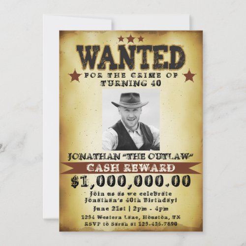  Men 40th Birthday Cowboy Wanted Poster Invitation