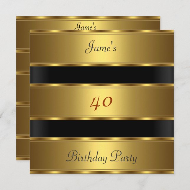 Men 40th birthday Party Gold Black Invitation (Front/Back)