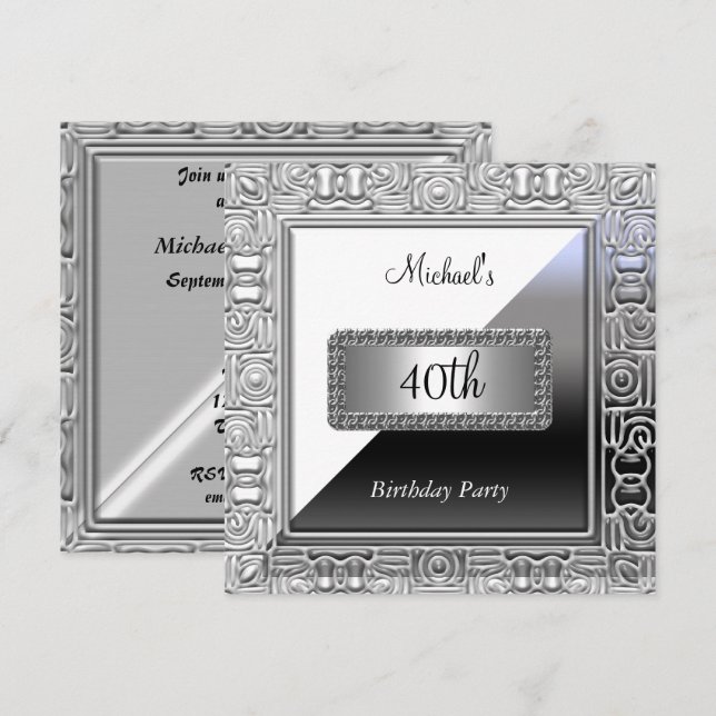 Men 40th Birthday Party Invitation White Silver (Front/Back)