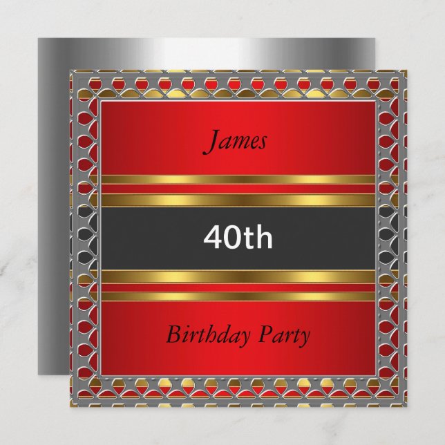 Men 40th Birthday Party Red Invitation (Front/Back)