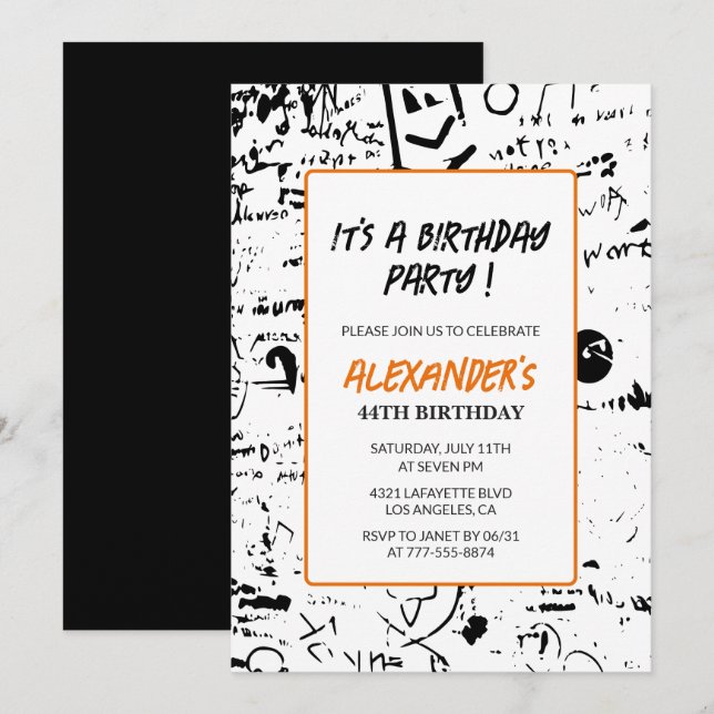 Men 44th birthday invitations Graffiti Party Paint (Front/Back)