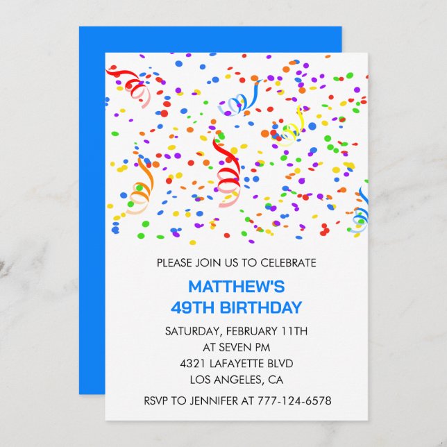 Men 49th birthday invitations Rainbow Confetti (Front/Back)