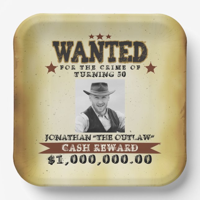  Men 50th Birthday Cowboy Wanted Poster Paper Plates (Front)