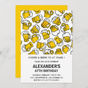 Men 67th birthday invitations Cheers and Beers 