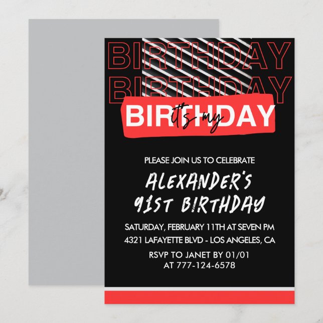 Men 91st birthday Party invitations Black Red  (Front/Back)