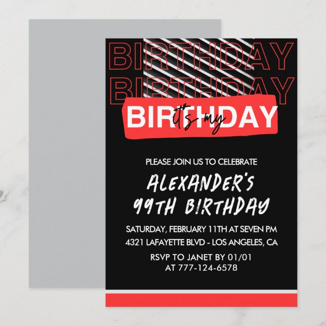 Men 99th birthday Party invitations Black Red  (Front/Back)