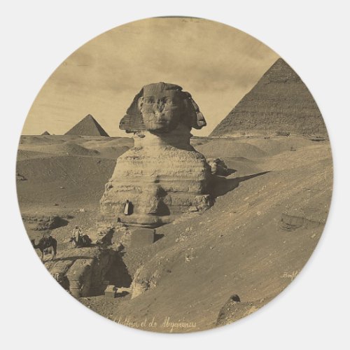 Men and Camels on the Paw of the Sphinx Pyramids Classic Round Sticker