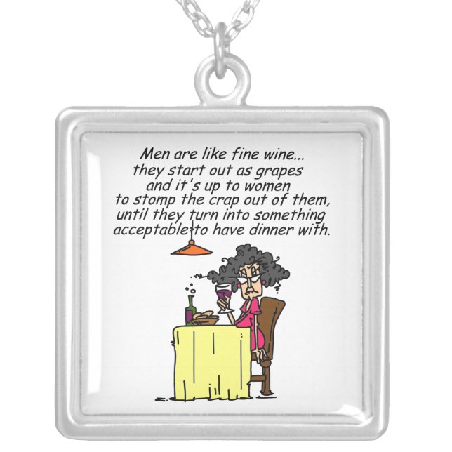 Men and FIne Wine Humor Silver Plated Necklace (Front)