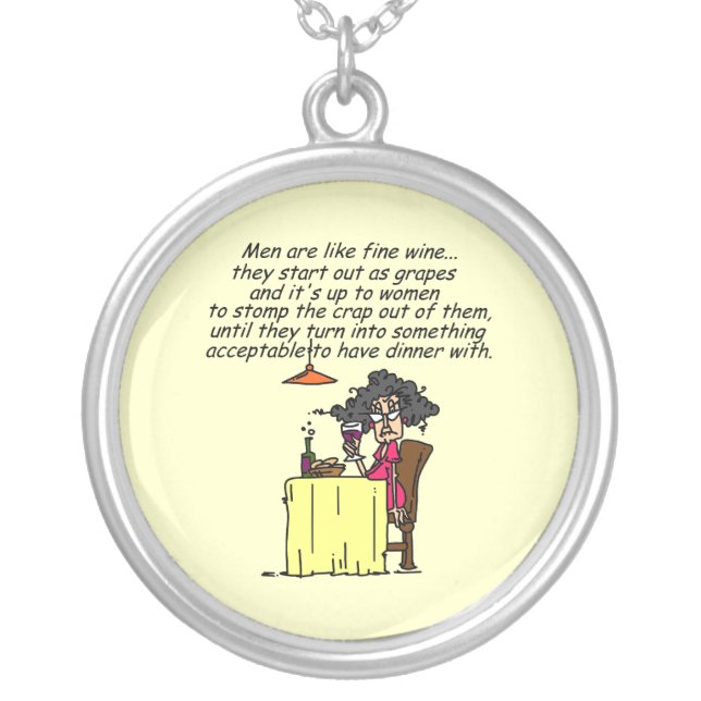 Men and FIne Wine Humor Silver Plated Necklace (Front)