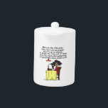 Men and FIne Wine Humor Teapot<br><div class="desc">Men and Fine Wine Humor T-shirts, mugs, magnets, buttons, cards, stickers, ornaments, keychains, mousepads, pillows, and other attitude apparel and gifts featuring Stella having a glass of wine and contemplating how men are like fine wine in that you have to stomp the crap out of them until they turn into...</div>