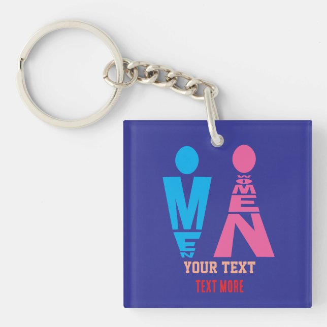 Men and Women Typography Icon Design – Bold Pink & Keychain (Front)