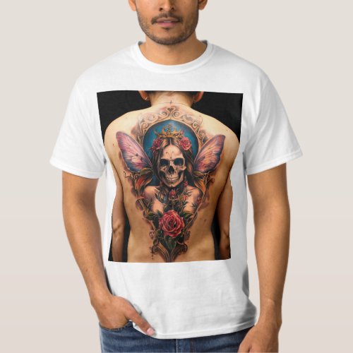 Men back tattoo of a woman fairy skull religious T_Shirt