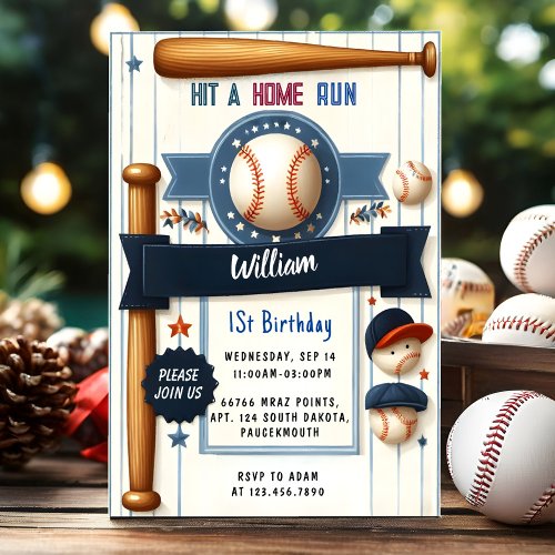 Men Ball Wood Game Team Baseball 1st Birthday Invitation